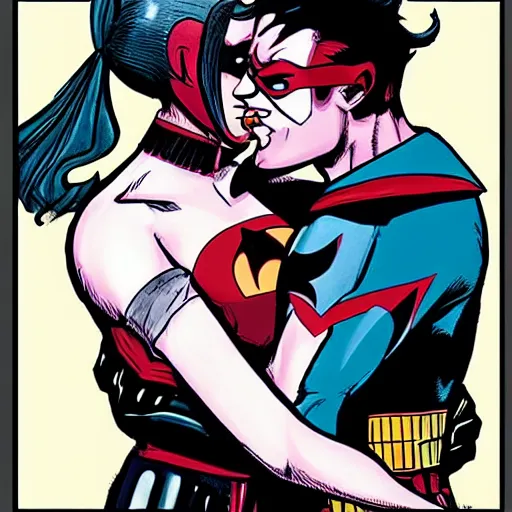 Prompt: “Harley Quinn and Batman hugging”