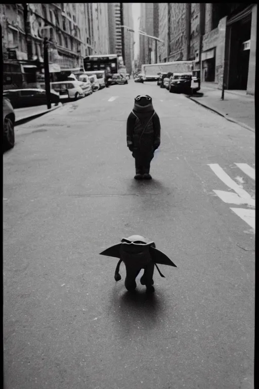 Image similar to photo polaroid of a ninja turtle in the middle of a New York street, loneliness, war, black and white ,photorealistic, 35mm film,