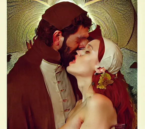 Image similar to photography of a pope kissing the breast of a sensual woman, deep focus, intricate, elegant, highly detailed, digital painting, artstation, concept art, matte, sharp focus, illustration, art by artgerm and greg rutkowski and alphonse mucha