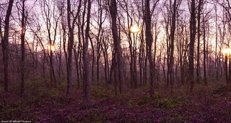 Prompt: softly glowing orbs of soft pastel light floating above the forest floor at twilight, illuminating the surrounding scenery