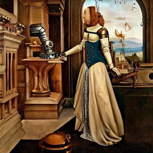 Prompt: Renaissance painting with steampunk elements of a female robot using a computer