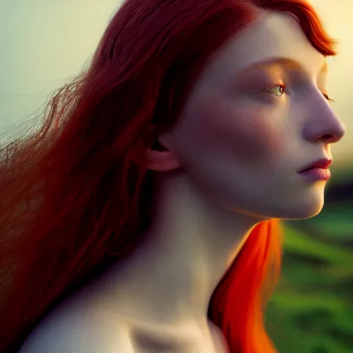 Prompt: photographic portrait of a stunningly beautiful renaissance female in soft dreamy light at sunset, red hair, fre kles, pale skin, contemporary fashion shoot, by edward robert hughes, annie leibovitz and steve mccurry, david lazar, jimmy nelsson, breathtaking, 8 k resolution, extremely detailed, beautiful, establishing shot, artistic, hyperrealistic, beautiful face, octane render
