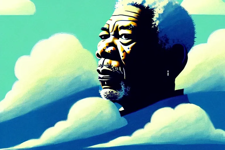 Image similar to Pixiv Digital art Full Body Extreme Detailed Full and Isolated and singular portrait of Morgan Freeman sitting on a Cloud in the sky. His legs are crossed lotus position in the scene is full of clouds by Ilya Kuvshinov and Greg Rutkowski