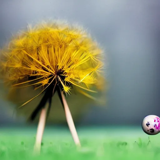 Prompt: a bowling ball balancing on top of a dandelion, award - winning photo