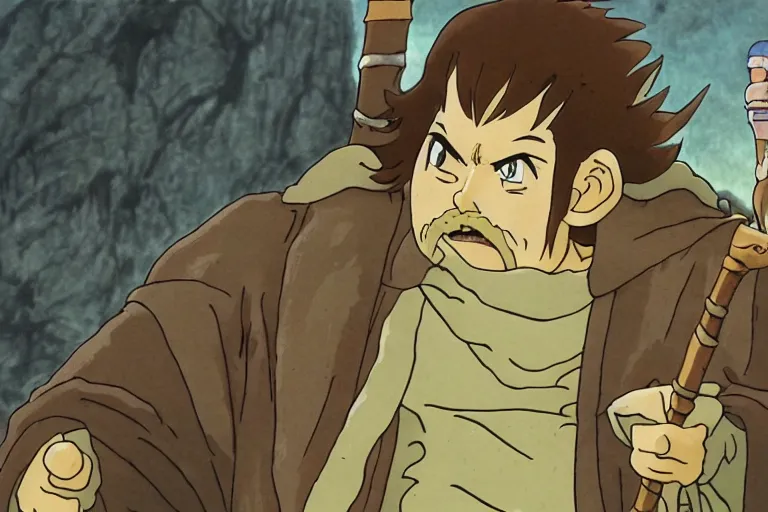 Image similar to gimli in the anime lord of the rings by studio ghibli, movie still frame, very detailed, artwork by hayao miyazaki, kentaro miura, satoshi kon, high quality, sharp image, high resolution, hd, 7 2 0 p, 4 k