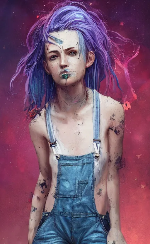 Prompt: a grungy magical woman with rainbow hair, drunk, angry, soft eyes and narrow chin, dainty figure, long hair straight down, torn overalls, basic white background, side boob, symmetrical, single person, style of by Jordan Grimmer and greg rutkowski, crisp lines and color,