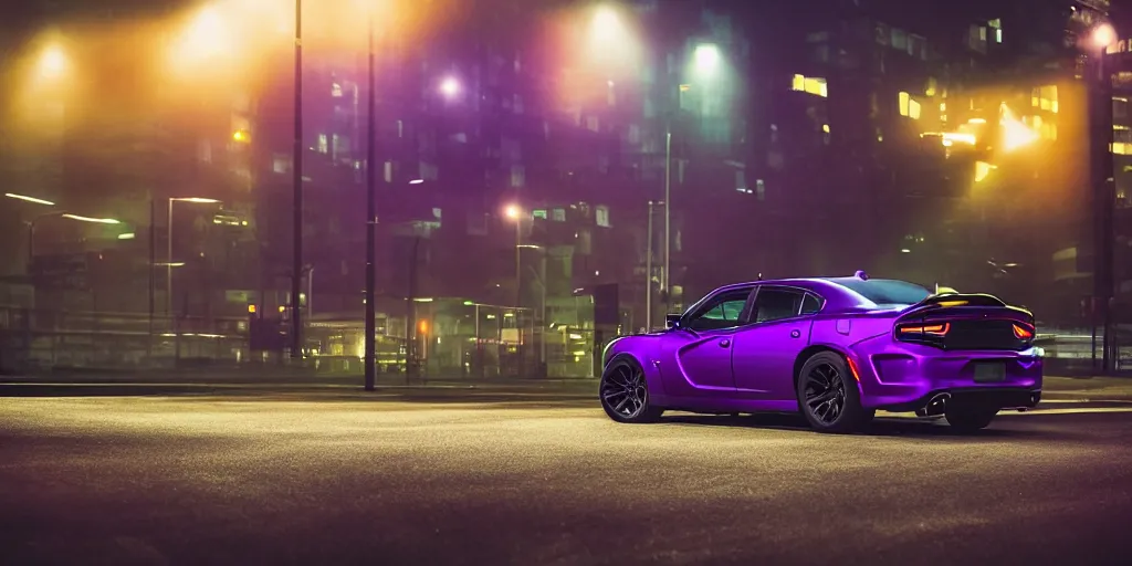 Prompt: parked 2 0 2 2 dodge charger srt hellcat, fog, rain, volumetric lighting, beautiful, golden hour, golden ratio, purple lighted city street, night time shot, sharp focus, highly detailed, cgsociety