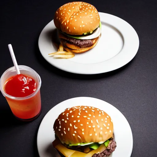 Prompt: finger burger, soda, fries, award winning, food photography