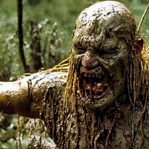 Image similar to film still of bill goldberg as major dutch, covered in mud and hiding from the predator predator predator in swamp scene in 1 9 8 7 movie predator, hd, 4 k