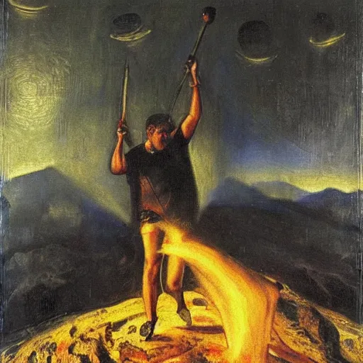 Image similar to Benjamin Netanyahu carrying large chunks of gold on his shoulders up a black mountain in hell, dark sky, by Franz Stuck