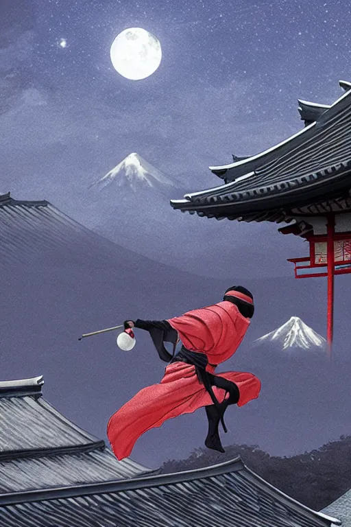 Image similar to a ninja on a roof of a japanese temple with the moon on the background, mixed media, digital art, trending on artstation, 8k, epic composition, highly detailed, AAA graphics