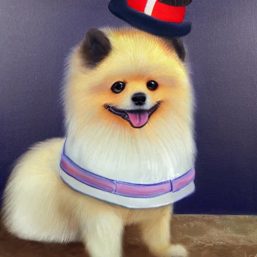 Image similar to anthromorphic fluffy pomeranian dog dressed in sailor suit, detailed 4 k oil painting