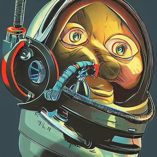 Image similar to “cutaway illustration of an android head, revealing inside is an small anthropomorphic rat sat in a pilots seat, operating levers and joysticks. Pulp sci-fi magazine cover illustration”