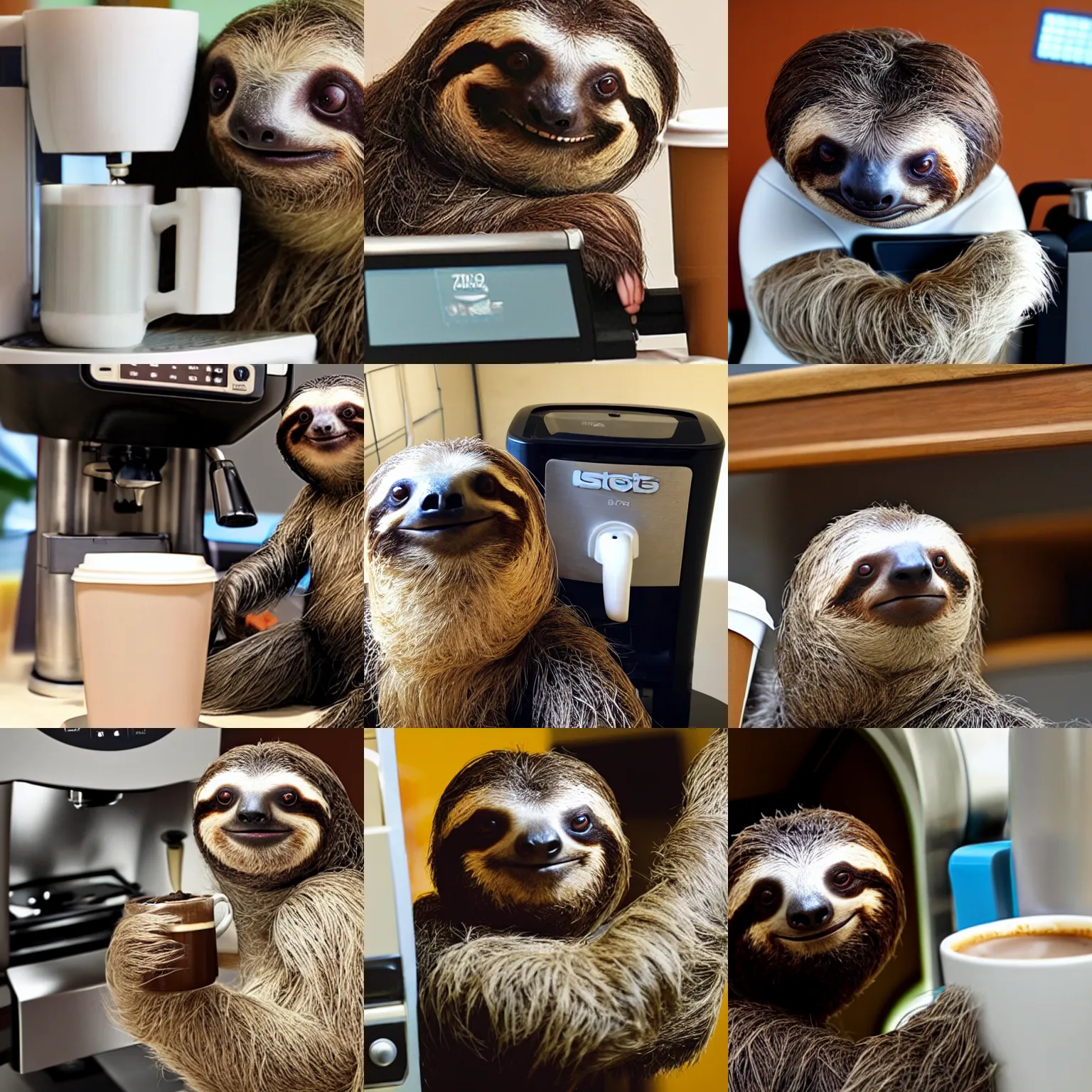 Prompt: a sloth that looks lovingly at his coffee machine