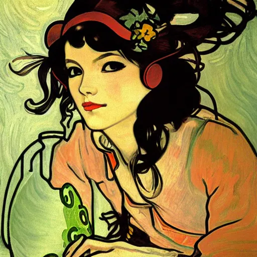 Prompt: painting of overwatch dva at the cucumber soup party, elegant, clear, art by alphonse mucha, vincent van gogh, egon schiele,