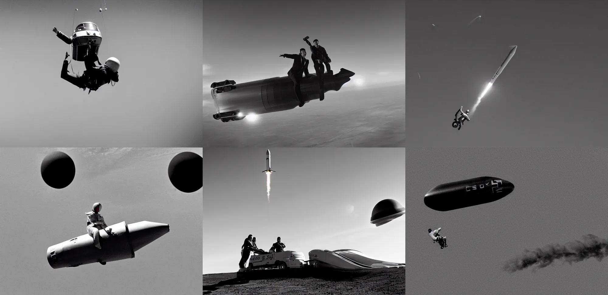 Prompt: elon musk rodeo riding on top of a spacex rocket, in the style of dr. strangelove, movie still, bw