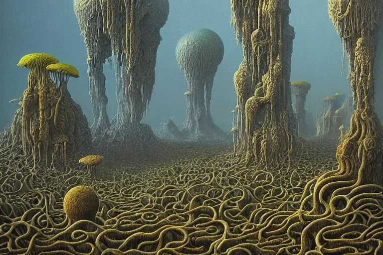 Prompt: a surreal and awe - inspiring science fiction landscape, alien plants and animals, intricate, elegant, highly detailed water coulour painting by beksinski and simon stalenhag