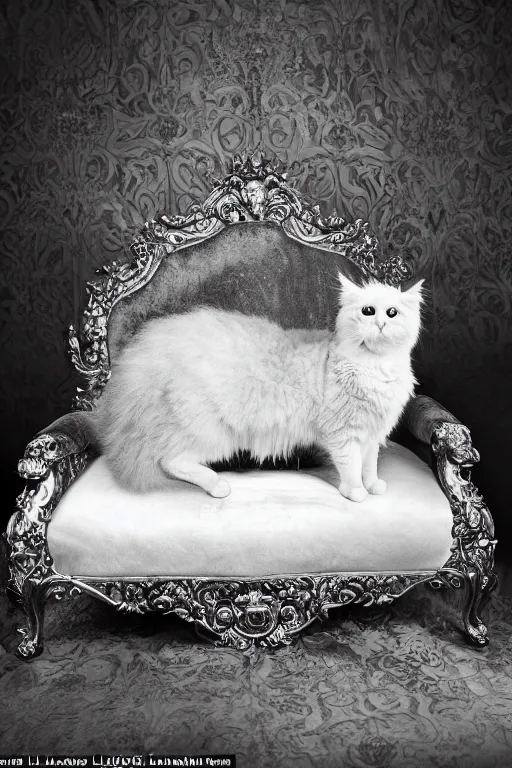 Prompt: a silver gelatin photo portrait of a royal cat, impossibly fluffy, on an embroidered velvet cushion on a neo - rococo gilded little bed, by david lachapelle, photorealistic, photography, wide shot