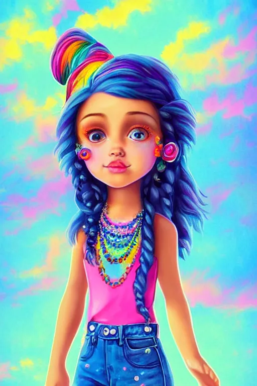 Prompt: matte sharp painting cute little girl hippy denim bellbottom bead necklace, painted by mark rydel artstation behance storybook lisa frank