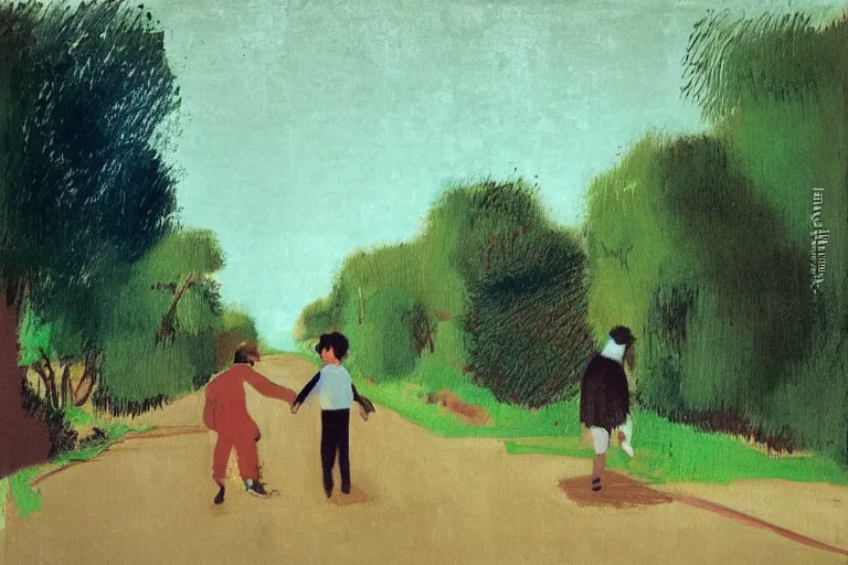 Prompt: a man with dark hair holding the hands of a young boy with dark hair as they walk down a suburban highway on a bright beautiful colorful day. part in the style of an edgar degas painting. part in the style of david hockney