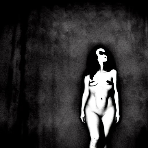 Image similar to a woman whos body is static losing frequency phasing out, dark eerie photo taken by digital hollywood