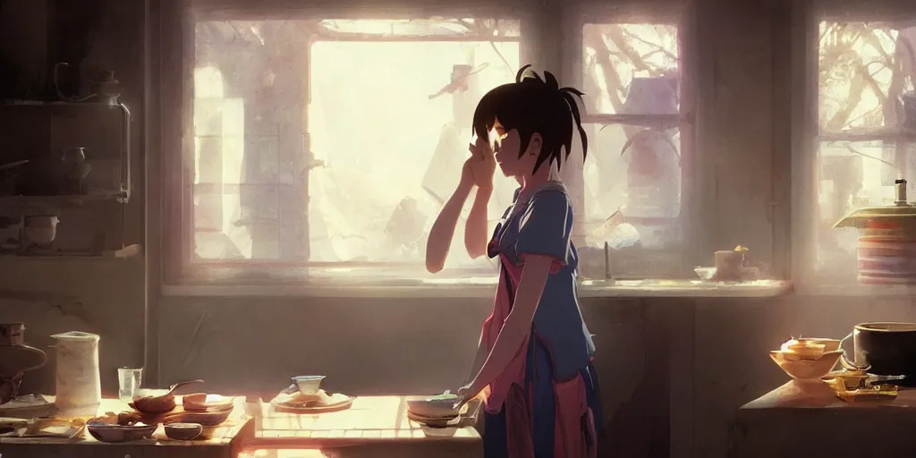 Prompt: a girl makes breakfast in her house, close up shot from the side, anime art, Greg Rutkowski, studio ghibli, dramatic lighting