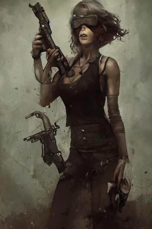 Image similar to a woman with a gun in her hand, a character portrait by Bastien Lecouffe-Deharme, cgsociety contest winner, gothic art, gothic, apocalypse art, steampunk