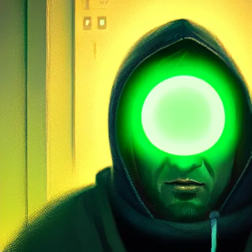 Image similar to portrait of a programmer with green hood by greg rutkowski, neon light, close up