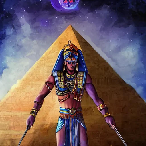 Image similar to osiris the god standing before a pyramid, d & d style, trending on artstation, colorful, intricate, art by kev chan