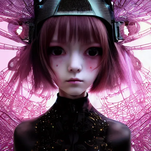 Image similar to Ethereal, mysterious stunning maximalist adorable cyberpunk girl named Lain (Serial Experiments Lain) from the rainbow sky paradise, high-tech, professional high fashion model photo shoot, hyperdetailed by Mark Ryden and artgerm and Hiroyuki-Mitsume Takahashi, 35mm macro shot, hyperrealism, 8k resolution 3D