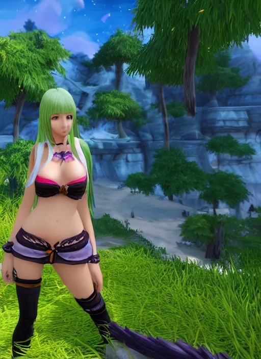 Prompt: Anime Girl in Bikini inside of a world of warcraft video game world, Unreal Engine, 8k, HD