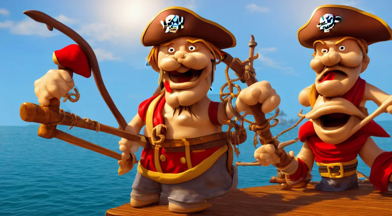 Image similar to a cartoonish pirate on a boat ready to conquer the island, highly detailed, photorealistic portrait, bright studio setting, studio lighting, crisp quality and light reflections, unreal engine 5 quality render