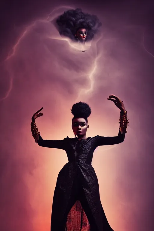 Image similar to photoshoot of janelle monae as mysterious dark goddess of death, realism, clouds, swirling energy, torn fabric, elaborate ornate growth, gilded relief, volumetric lighting, light shafts, ambient light, trending on artstation, by alessio albi