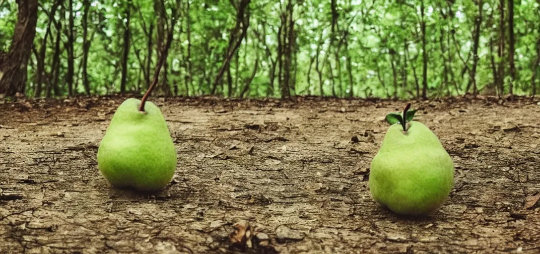 Image similar to a cute green pear animal walking in front of a forest, and looking at the camera; pear skin; nature photography