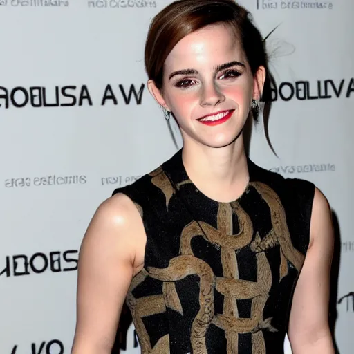 Image similar to emma watson smiles at the camera. her arms are snakes.