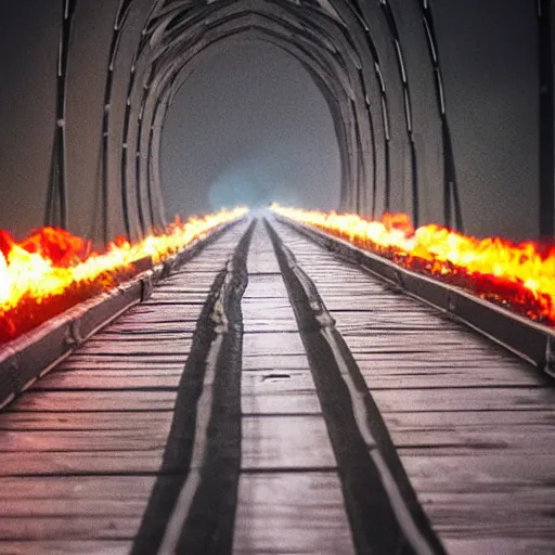 Image similar to Long bridge to hell, dslr, hyper realistic, photojournalism, scary, firey, disturbing