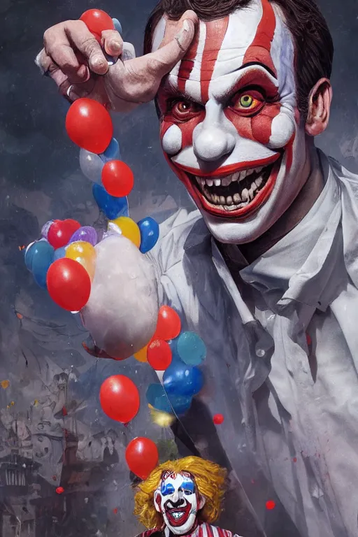 Prompt: emmanuel macron as a clown, realistic, high definition, 4 k, shimmering color, hyper detailed, art of greg rutkowski and magali villeneuve and artgerm