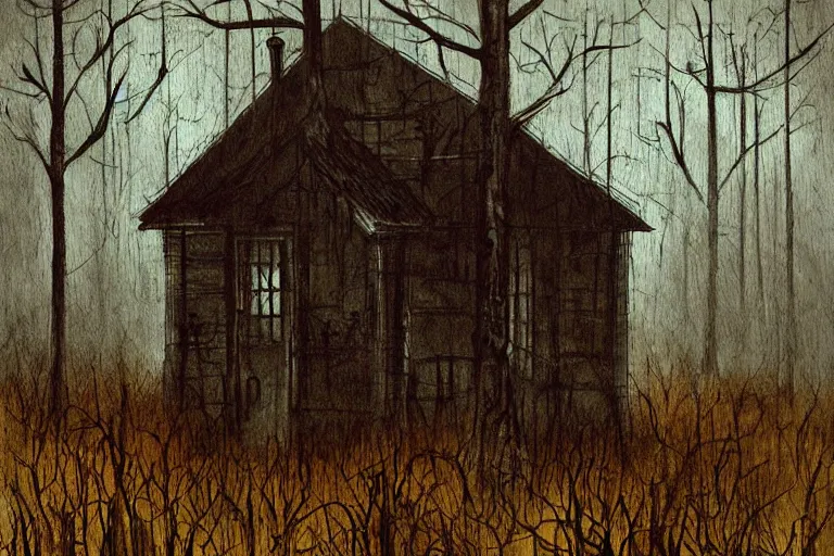 Image similar to mad horror painting of a cabine in the woods by ben templesmith