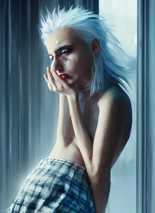 Prompt: white haired girl in a miniskirt sitting on a window, plaid skirt, cyberpunk, expressive oil painting, night, highly detailed, trending on artstation, octane render, beautiful detailed face, vivid colors