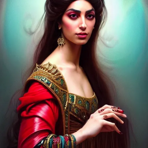 Image similar to Beautiful portrait of a Persian Princess who is an architect, beautiful princess, face painting, beautiful body, attractive, babe, dramatic lighting, intricate, wild, highly detailed, digital painting, artstation, concept art, smooth, sharp focus, illustration, black+velvet+red+Turquoise, dark, art by artgerm and greg rutkowski and alphonse mucha, footage from space camera