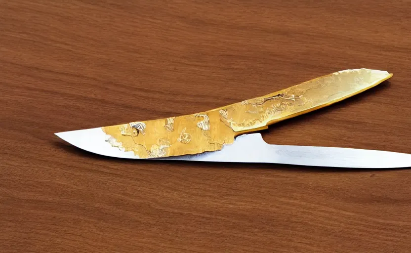 Prompt: shiny golden knife laying on a wooden table, complex, high detail