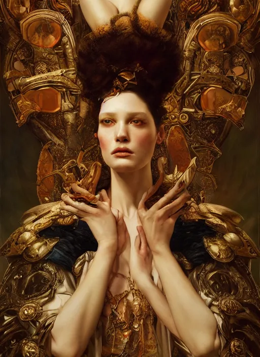 Prompt: highly detailed oil painting | very intricate | cinematic lighting | award - winning | portrait of the goddess of war dressed by alexander mcqueen | by roberto ferri, by tom bagshaw, by j. c. leyendecker and klimt, american romanticism, by austin osman spare, artstation, cgsociety, official art, octane