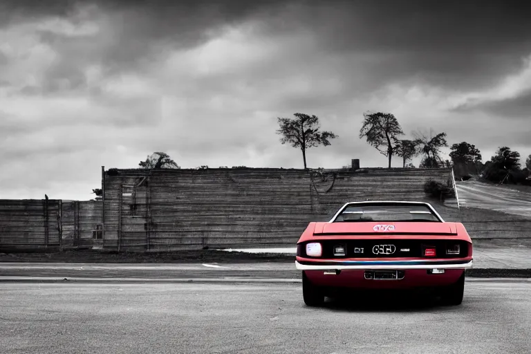 Image similar to audi camaro b 1 ( 1 9 6 9 ) drifting, phonk music background, dark, establishing shot