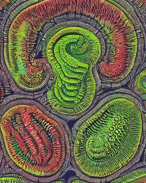 Image similar to Escherichia coli, close up details, drawn by Ernst Haeckel, colorful, beeple rendering