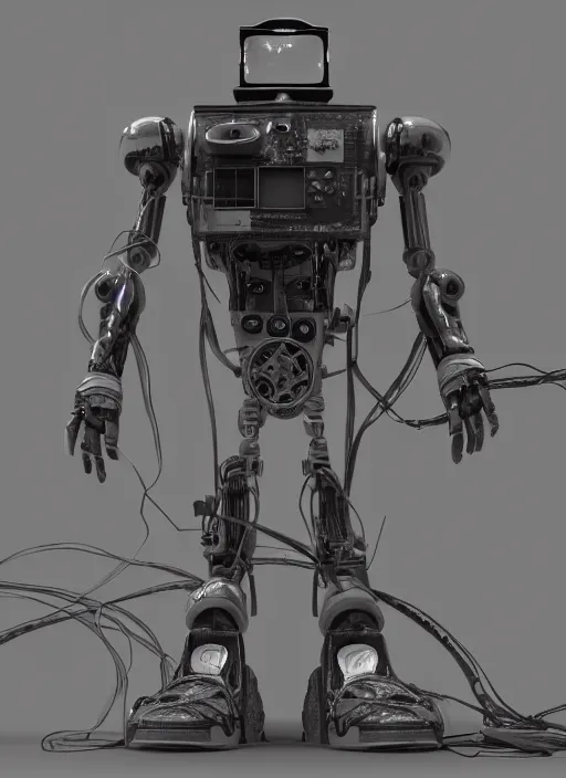 Image similar to a photographic portrait of a decommissioned retail robot, loose wires, crusty electronics, high damage, chipped carbon fiber, surface imperfections, hard surface modeling, sub surface scattering, octane render