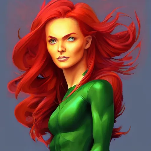 Image similar to jean grey, a full body portrait of jean grey, green eyes, red hair, phoenix rising, flames, flying, comic, x - men, highly detailed, artstation, deviantart, symetry, digital painting, vivid colors, realistic shaded perfect face, volumetric lighting, atmospheric, sharp focus, moody, art by artgerm and greg rutkowski, 8 k