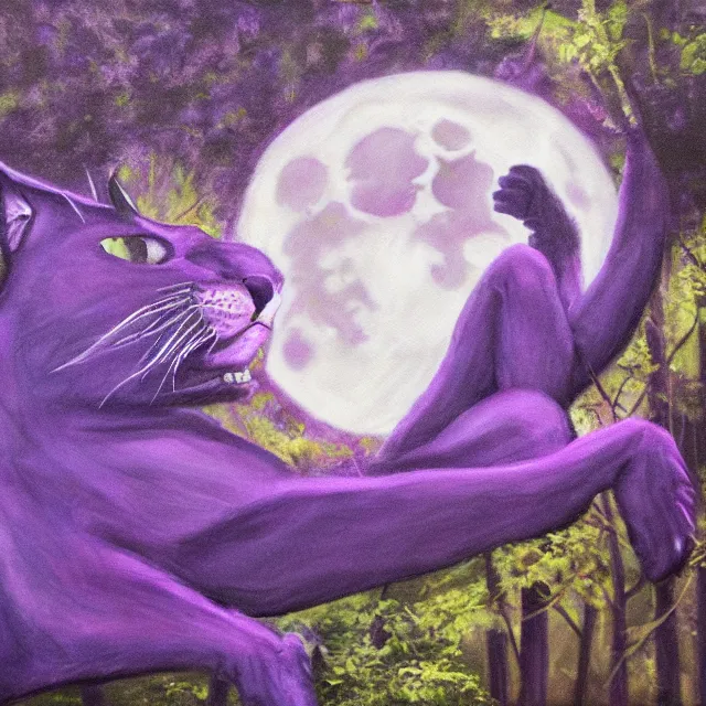 Image similar to closeup of a purple panther roaring at the moon in the forest. night. large moon in the center. cinematic. oil painting. concept art