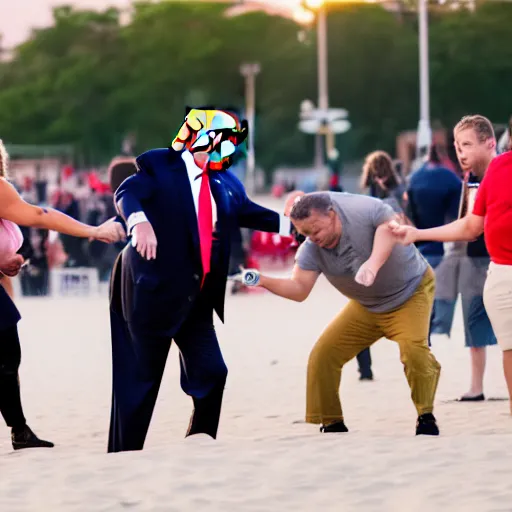 Image similar to donald trump hitting civilians with pudding cups, pudding stained clothes, golden hour, boardwalk, professional photography