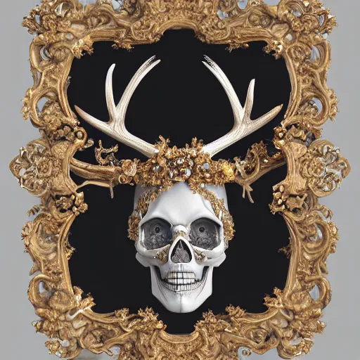 Image similar to a portrait of a beautiful ornate and intricate rococo skull with antlers and silver and gold details and diamonds inside a rococo frame, 4k, octane render, vray, unreal engine, photorealistic