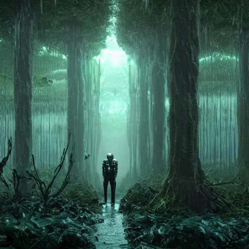 Image similar to a complex organic fractal 3 d metallic symbiotic ceramic humanoid megastructure creature in a swampy lush forest, foggy, cinematic shot, photo still from movie by denis villeneuve, wayne barlowe, polaroid